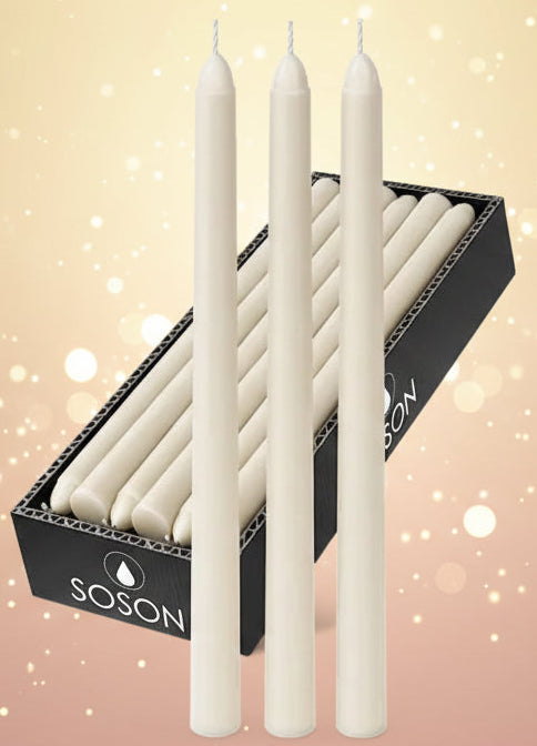 Set of white candles in a black box with 'SOSON' branding on a white background