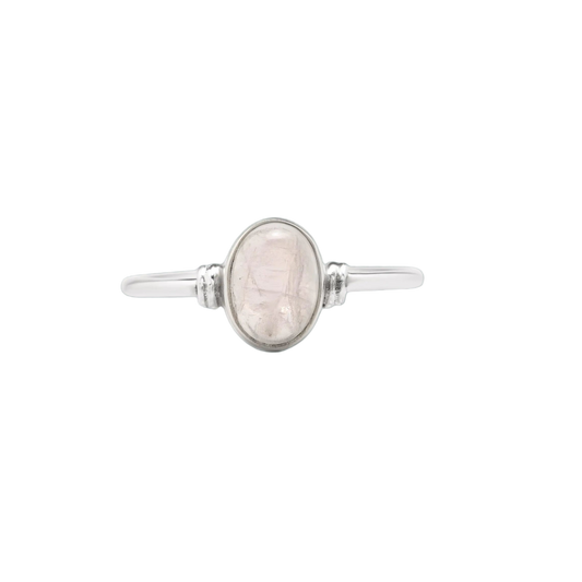 Silver ring with a central stone on a white background