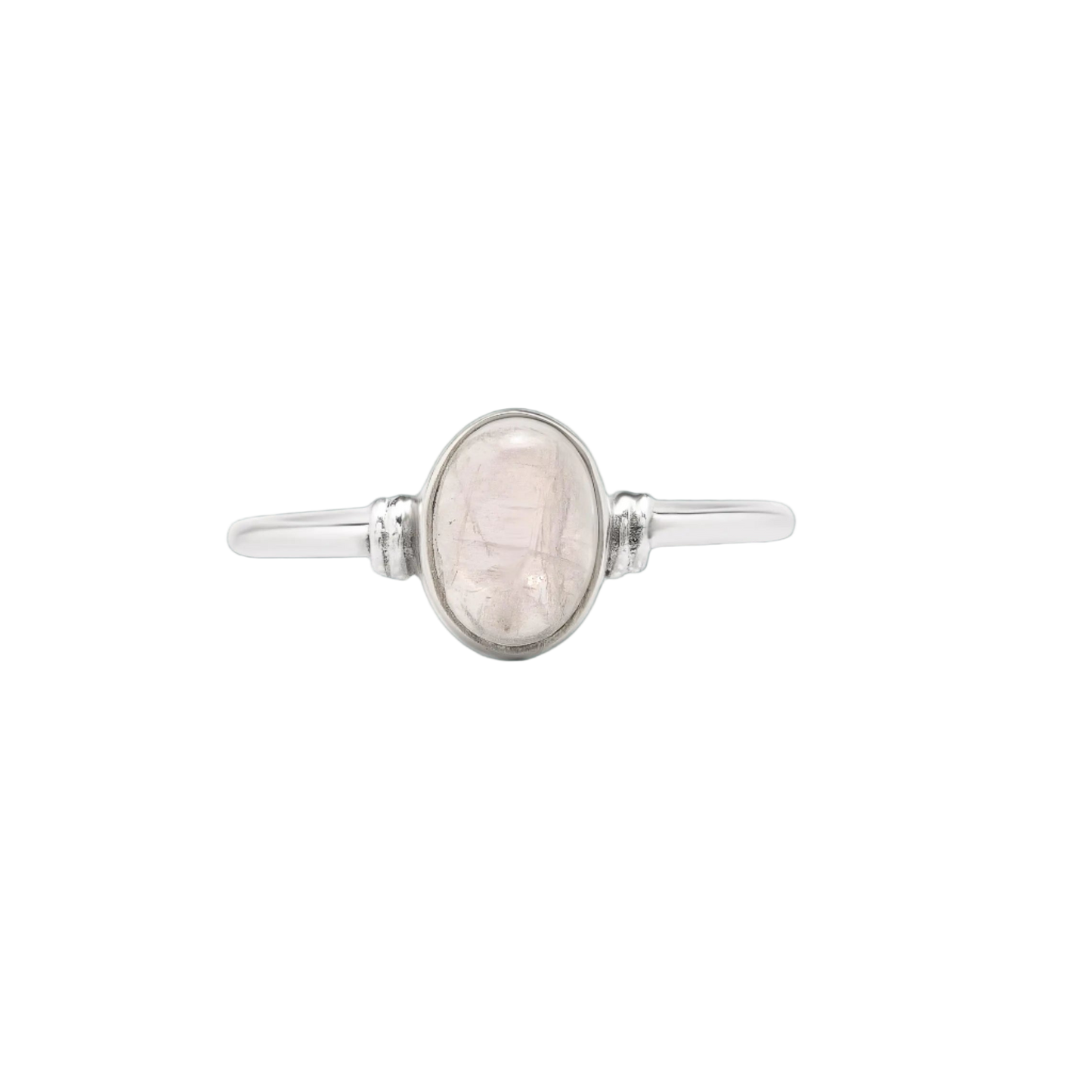 Silver ring with a central stone on a white background