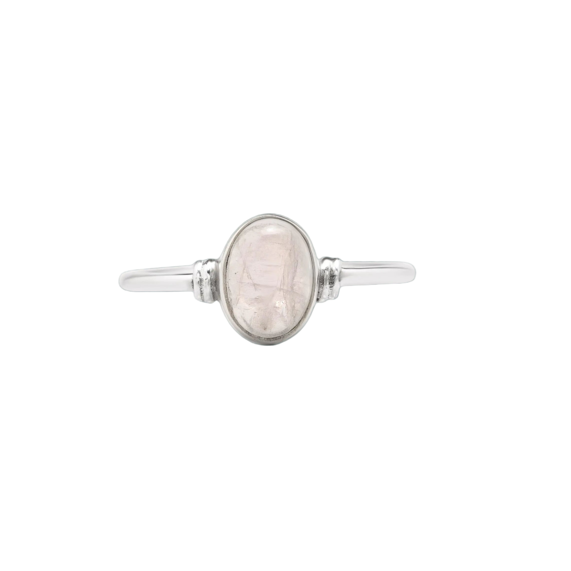 Silver ring with a central stone on a white background