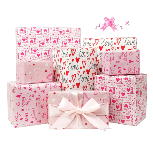 Set of gift boxes with 'love' and heart patterns on a white background