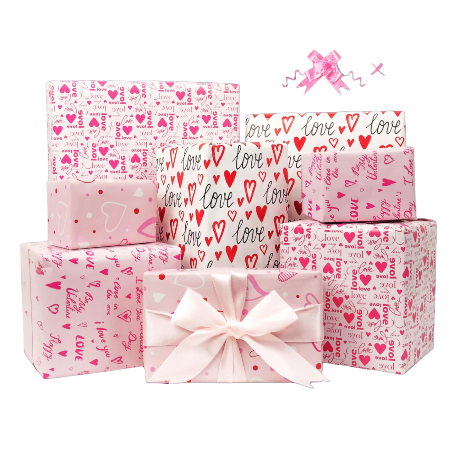 Set of gift boxes with 'love' and heart patterns on a white background