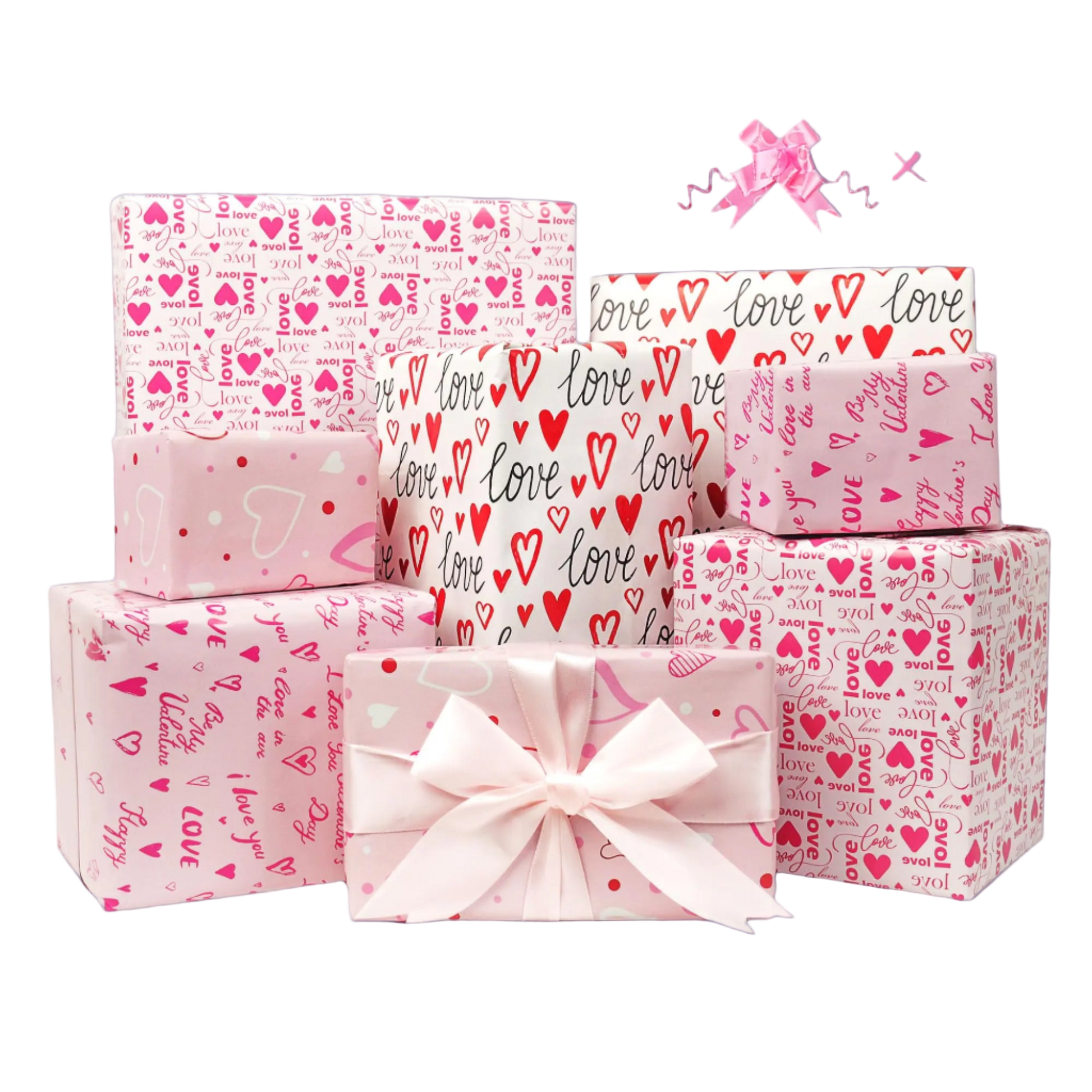 Set of gift boxes with 'love' and heart patterns on a white background