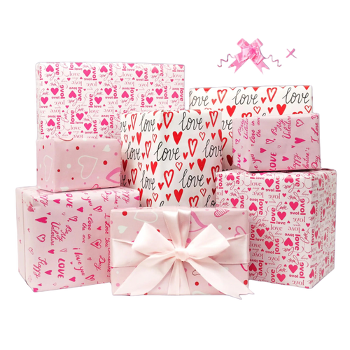 Set of gift boxes with 'love' and heart patterns on a white background