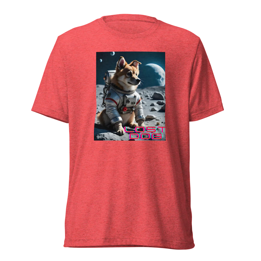 Red t-shirt with a graphic of a dog in an astronaut suit on the moon, labeled 'Lost Dog'.