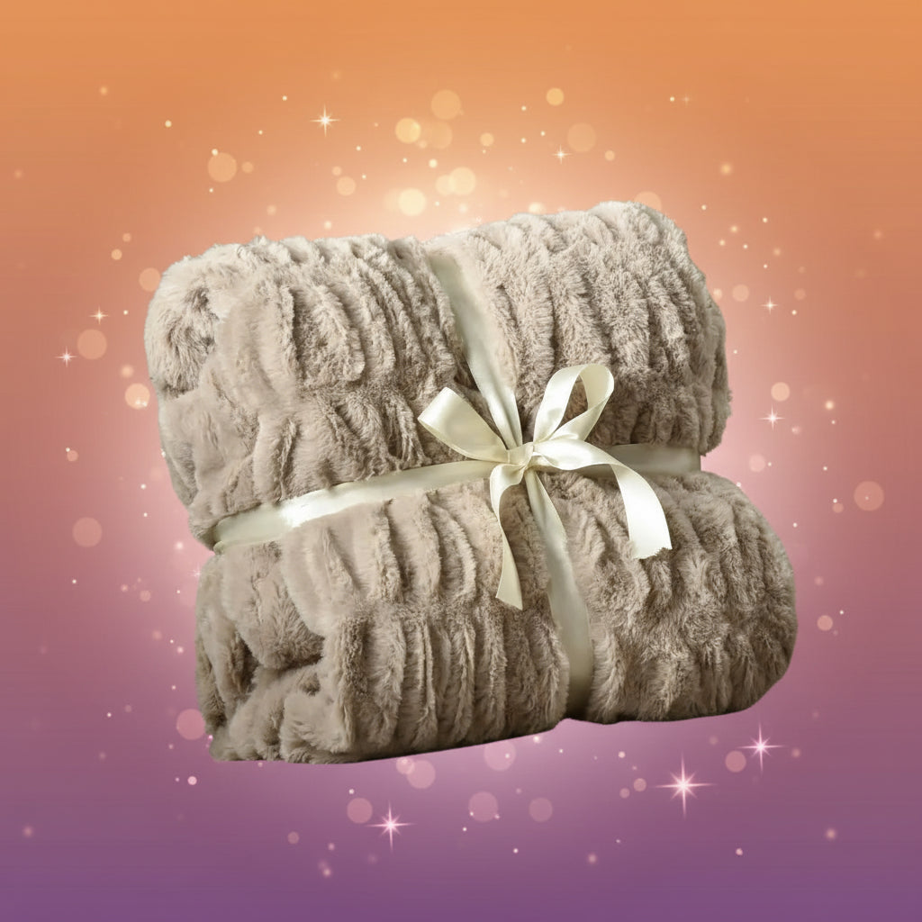 Gray textured blanket with a white ribbon on a chair