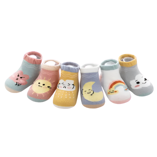 Set of five baby socks with cartoon designs on a white background