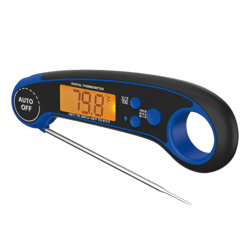Digital thermometer with blue and black casing on a white background
