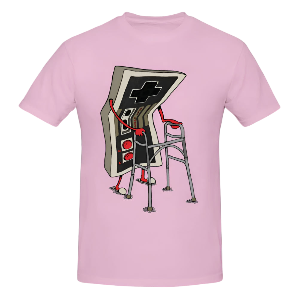 Pink t-shirt with a graphic design of a video game controller and chair on a white background
