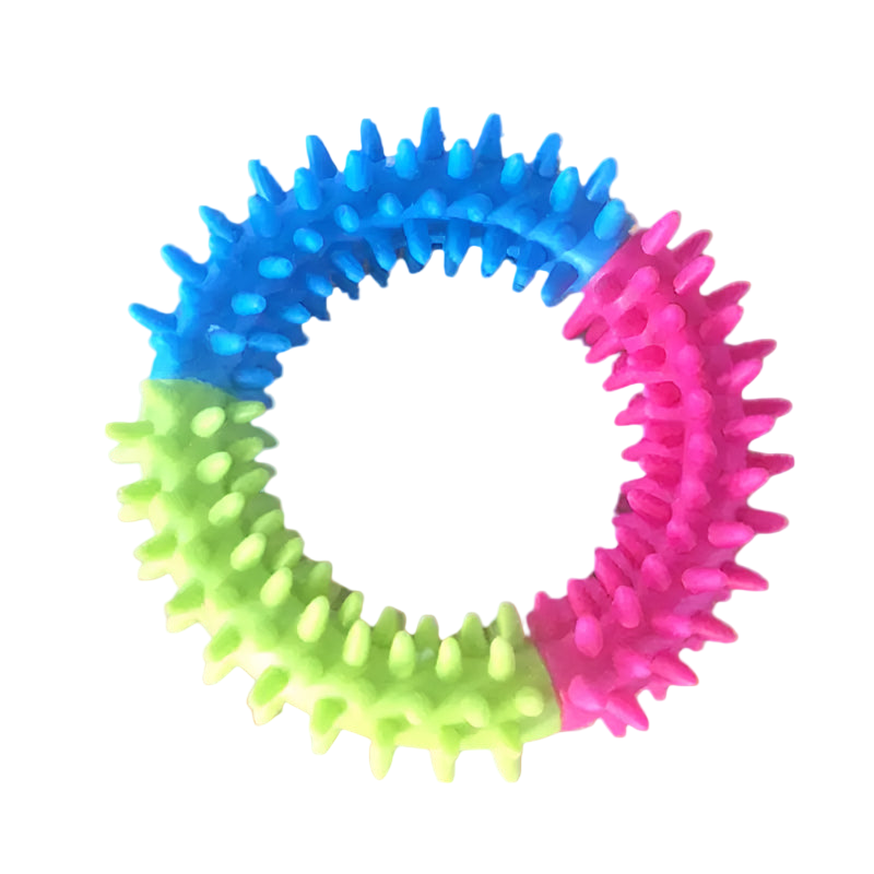 Colorful spiky ring toy on a white background