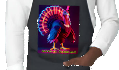 Man wearing a black apron with a colorful graphic design on a white background