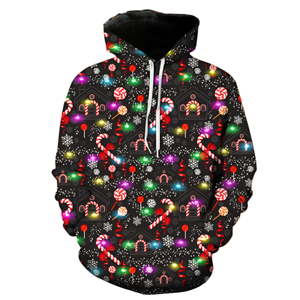 Hoodie with colorful Christmas-themed pattern on a black background