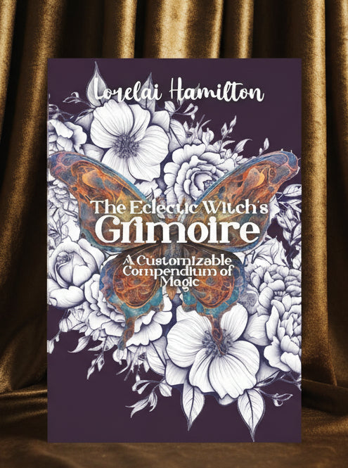 Book cover of 'The Eclectic Witch's Grimoire' with floral and butterfly design.