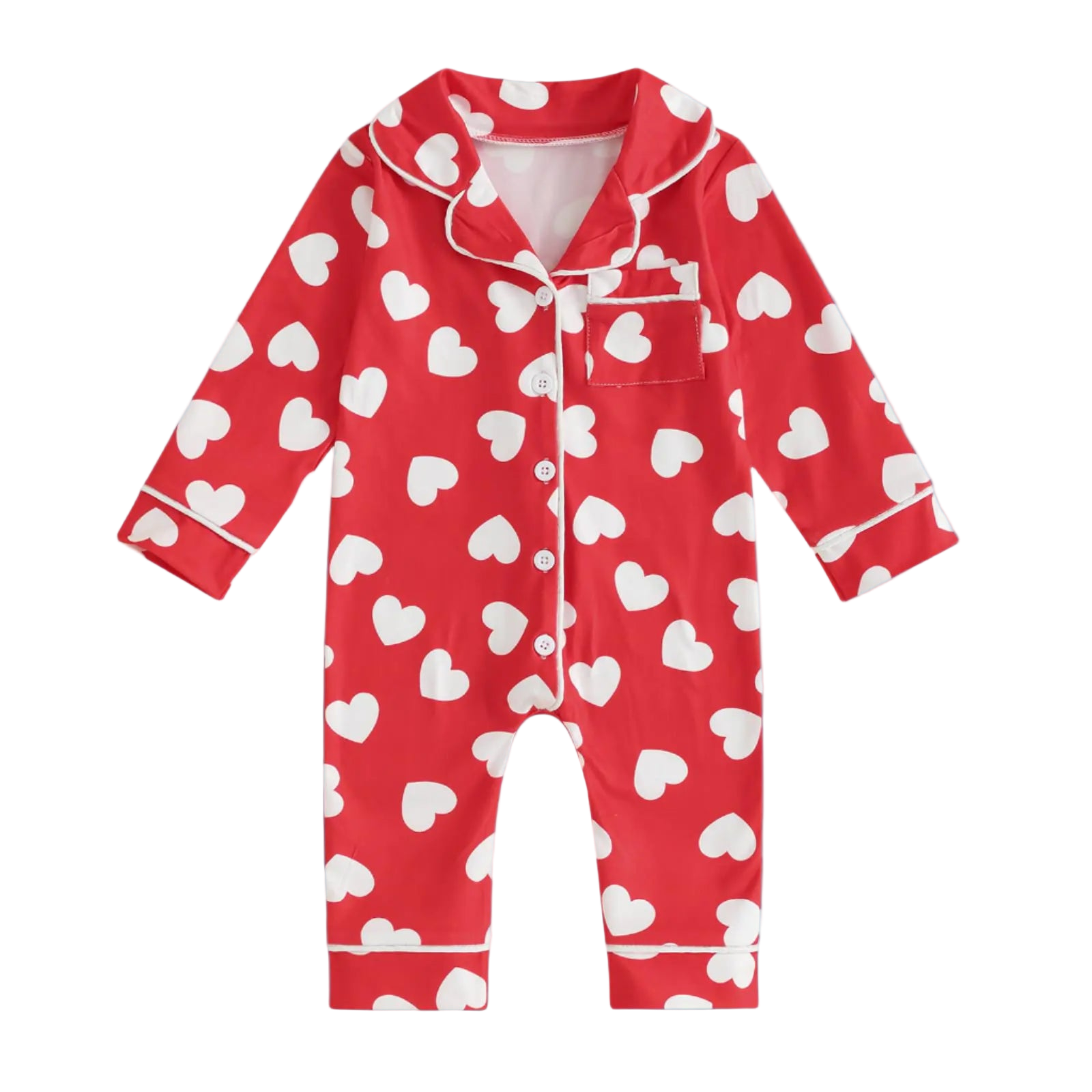 Red onesie with white heart pattern on a white background