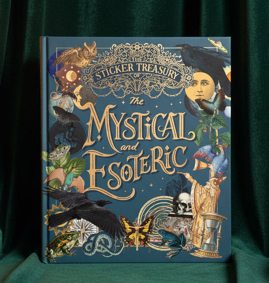 The front cover of 'The Sticker Treasury of The Mystical and Esoteric' book, featuring a rich collage of vintage mystical illustrations including crows, a skull, a butterfly, a frog, a snake, and a woman's face on a textured blue background.
