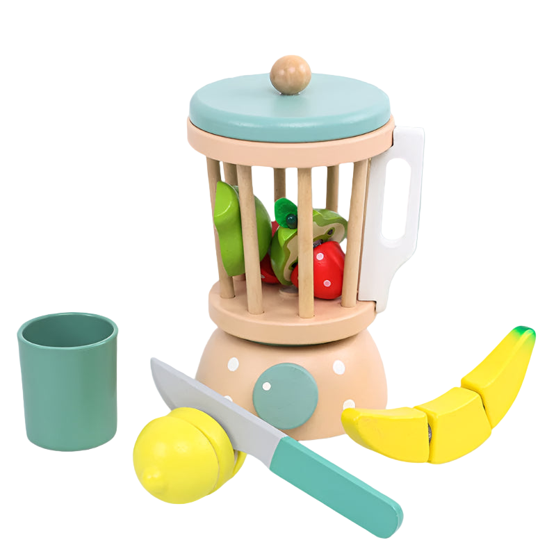 Children's toy kitchen set with fruits, a blender, and a knife on a light surface.